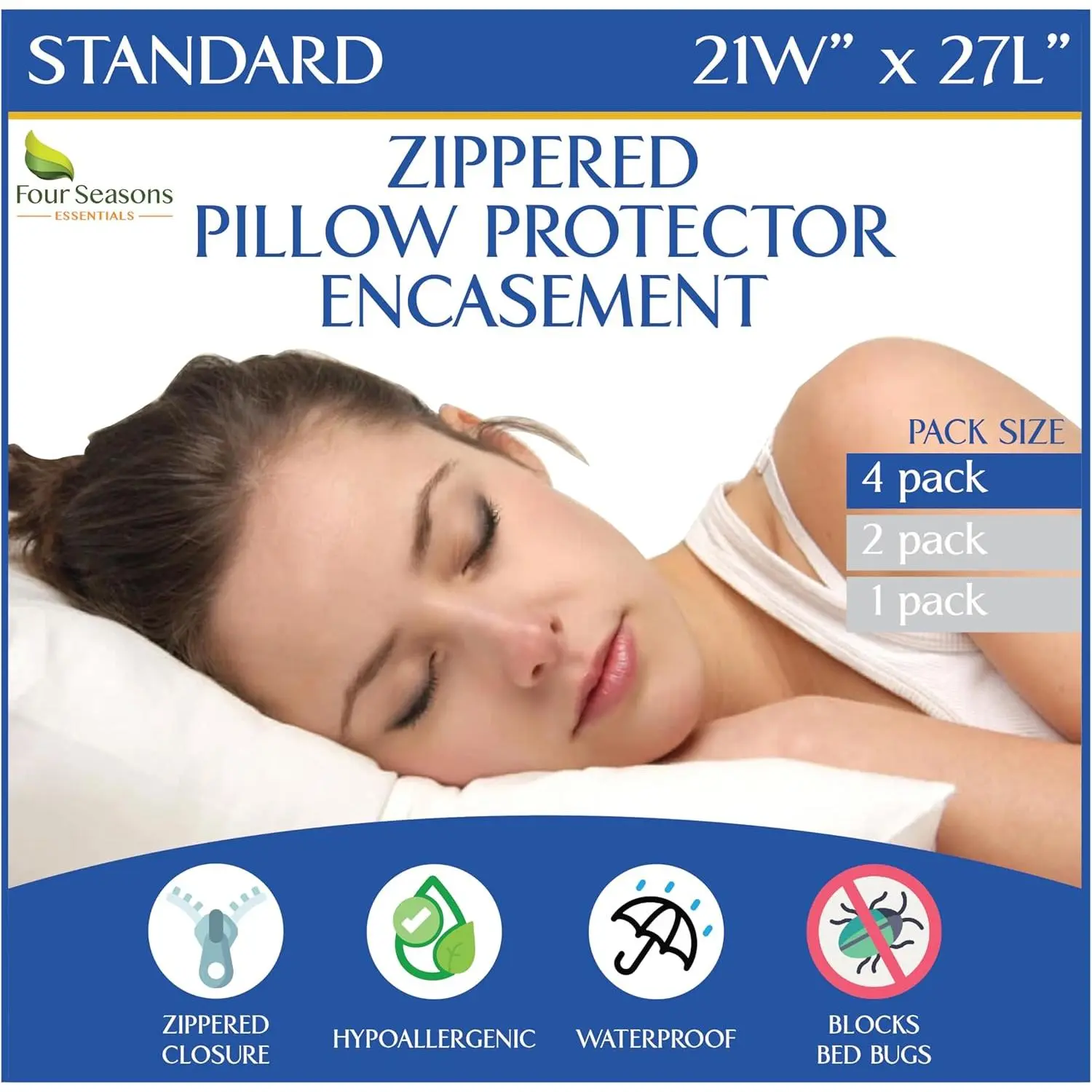 Zippered Pillow Protectors, 4-Pack Waterproof Hypoallergenic Anti-Allergy Covers for Dustproof Sleep, Zippered Closure