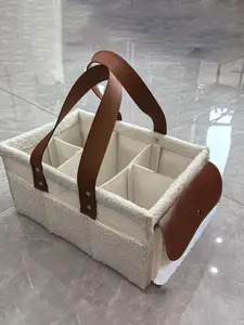 Diaper Storage Box with Side Pockets and PU Handle, Travel Diaper Tote, Teddy Fleece Portable Changing Table Organizer, Essential Baby Christening Gift, Multifunctional Diaper Bag