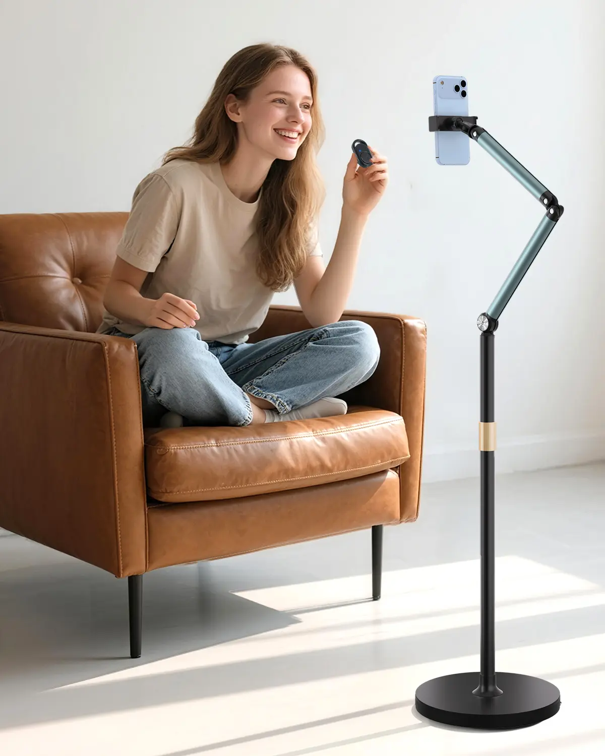 Phone Floor Stand, Cell Phone Stand with Flexible Arm for Bed, 69" Height Adjustable iPhone Stand, Stable Overhead Tripod with 360°Rotatable Phone Holder & Remote for Recording, Sofa, Desk