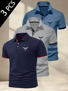 Men's Casual Short Sleeve Shirt Set, Geometric Pattern Polo Shirts, Fitted Golf Ball Clothing, Outdoor Sports Wear, Three-Piece Suit