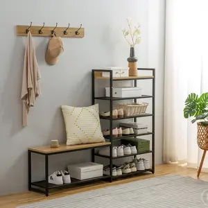 6-Tier Coat Rack Shoe Bench Set, Entryway Bench with 6 Hooks Coat Rack, Hall Tree with Bench and Shoe Storage for Entryway, Hallway, Garage, Bedroom (Vintage Oak)