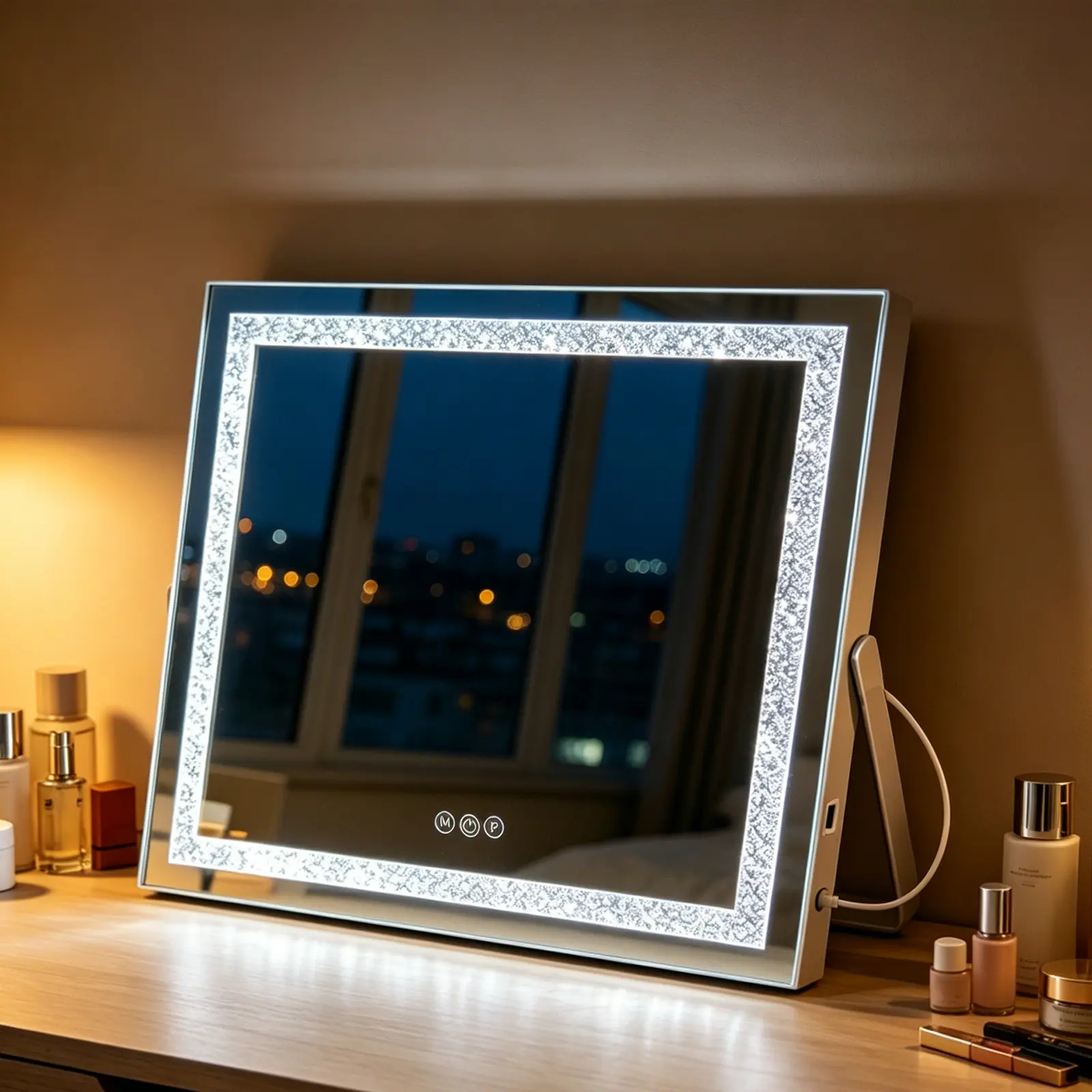 INMTFEI 50x40cm LED Hollywood Vanity Mirror with 3 Color Lights, Diamond Decoration & 5X Magnifying Mirror, Foldable Makeup Mirror