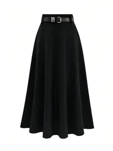 Women's Belted High Waist A-Line Midi Skirt Solid Black Flared Long Skirts Womenswear Office Workwear Business Casual Elegant Minimalist Capsule Wardrobe Modest Daily Outfits Clean Girl Old Money Aesthetic Spring High Waisted Skirt