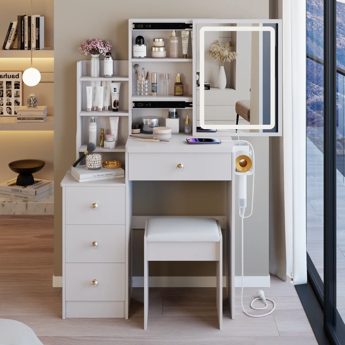 29.2 Inch Small Left Side Bedside Vanity Table with Cushioned Stool, Extra Large Touch Control Sliding LED Mirror with Tri-Color Switching & Brightness Adjustment, 2 AC Outlets & 2 USB Ports Power Station, Hair Dryer Bracket, Compact Modern Makeup Vanity