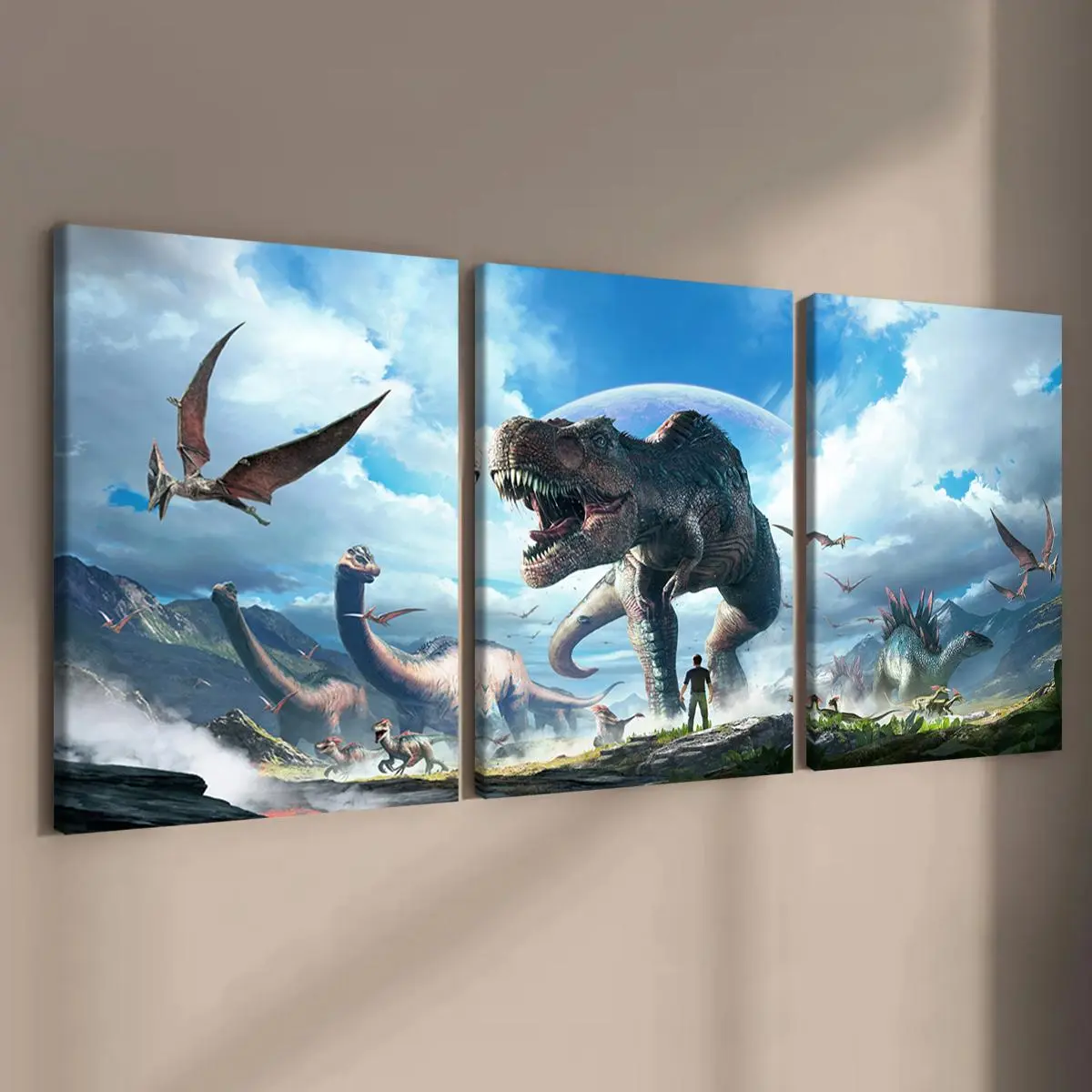 Wooden Framed Canvas Painting Set, 3 Counts/set Giant Dinosaur Pattern Wall Art Decor, Modern Home Decor, Home Decor Supplies, Wall Decor for Home Living Room Bedroom Office, Art Wall Decoration