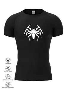 Men's Spider Print Compression Sports Tee, Quick Drying Breathable Tight T-shirt, Men's Sportswear for Gym Workout Running, Athletic Compression Shirts