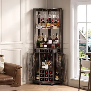Corner Bar Storage Cabinet, 72" Tall Farmhouse Wine Cabinet with Barn Door, Home Bar with Acrylic Mirror & Glass Rack for Dining Room, Living Room, Kitchen