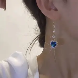LisiZen Connected Hearts" Blue Heart Tassel Threader Earrings, Light Luxury Long Niche Design Jewelry DZEH2269