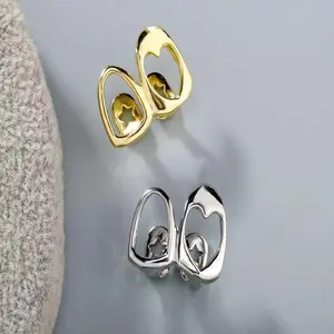 Women’s Double Braces Hollow Glossy Golden Tooth Earring - Artificial Gemstone Jewelry Accessory for Daily Matching Wear