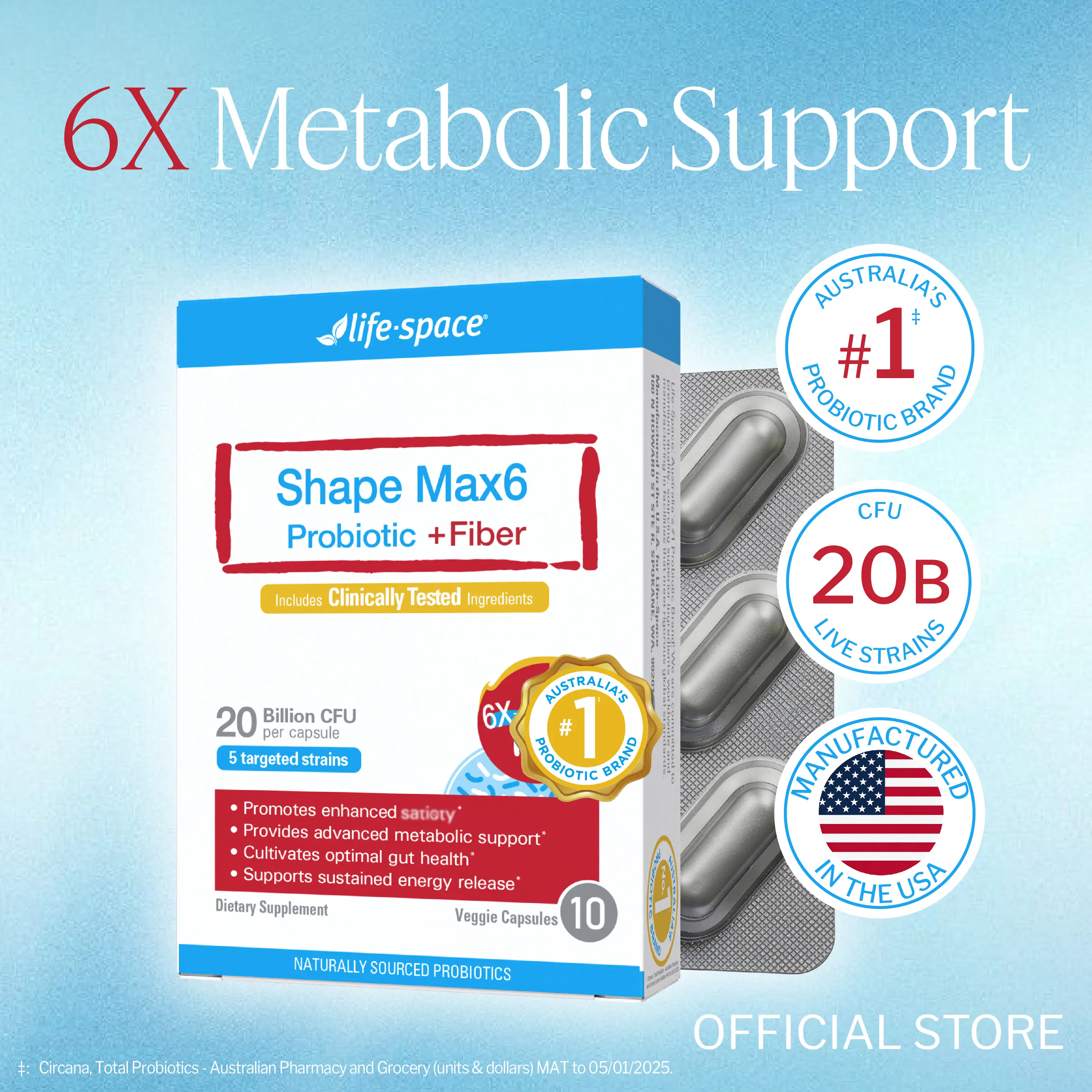 Life-Space Shape Max6 Probiotic+Fiber | 6X Metabolic & Digestive Support, Energy, Cholesteral & Overall Health, Premium Live Strains, MADE IN USA, 10-Day Supply