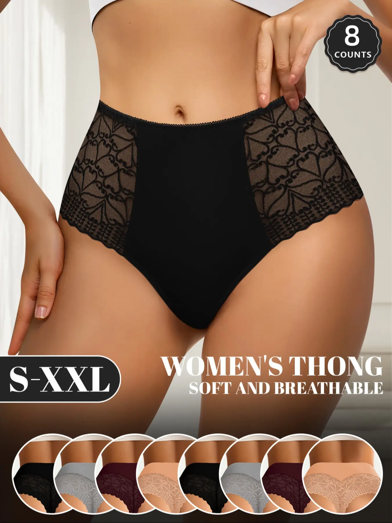 8 Pcs  MEIYATING   Lace High-Waisted Women's Thong Underwear, Soft Breathable, Comfortable, Non-Squeezing, Multi-Color Triangle Panties, High Rise Panties, S-Xxl