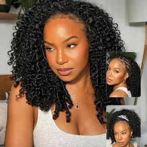 Megeen Hair Half Wig Human Hair Burmese Curly Wig for Women No Glue No Lace 200 Density 3 In 1 Seamless Flip Over Half Wigs Beginner Friendly Glueless Wigs Human Hair with Spiral End Natural Color