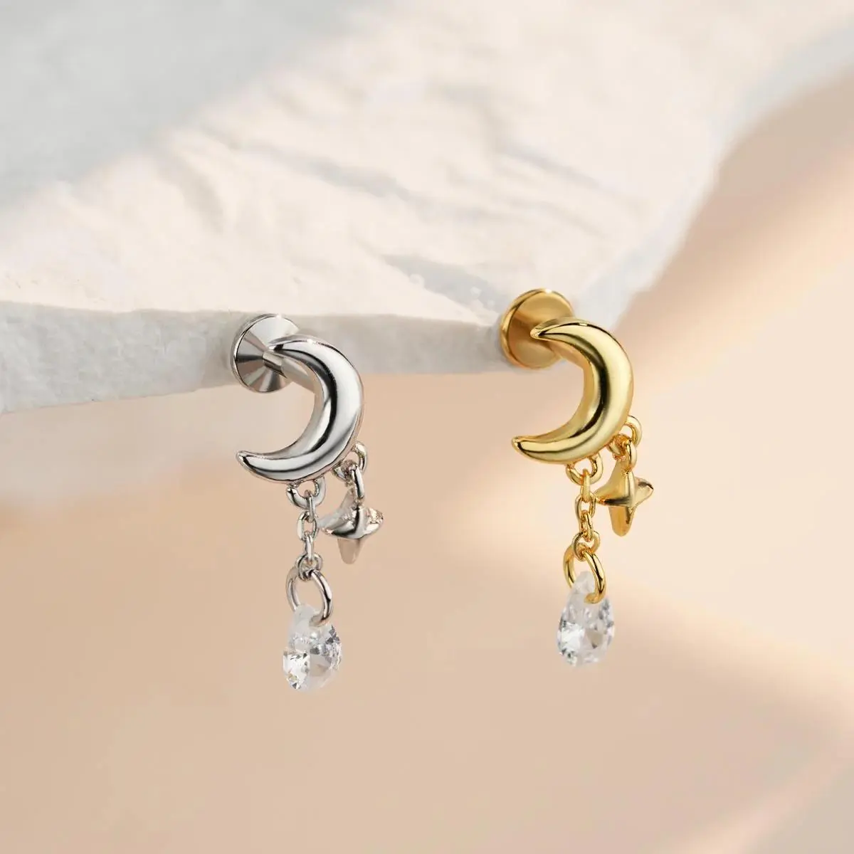 OUFER BODY JEWELRY Ear Studs for Women, 16G Celestial Moon & Star Dangle Stud for Helix Piercings - Surgical Steel, Internally Threaded, Non Tarnish, Trendy Jewellery Accessories