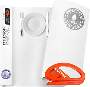 IDL Packaging White Tablecloth Paper Roll 24" x 1800" (150 feet, 300 sq.ft) with Cutter - USA-Made Natural Poly-Coated Paper Table Runner - 100% Recycled Disposable Kraft Material for Table Covering