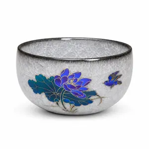 Chinese Lotus Tea Cup, Crackle Glaze Ceramic Gongfu Tea Bowl with Floral Bird Design, Asian Style Teacup for Loose Leaf Tea and Tea Ceremony