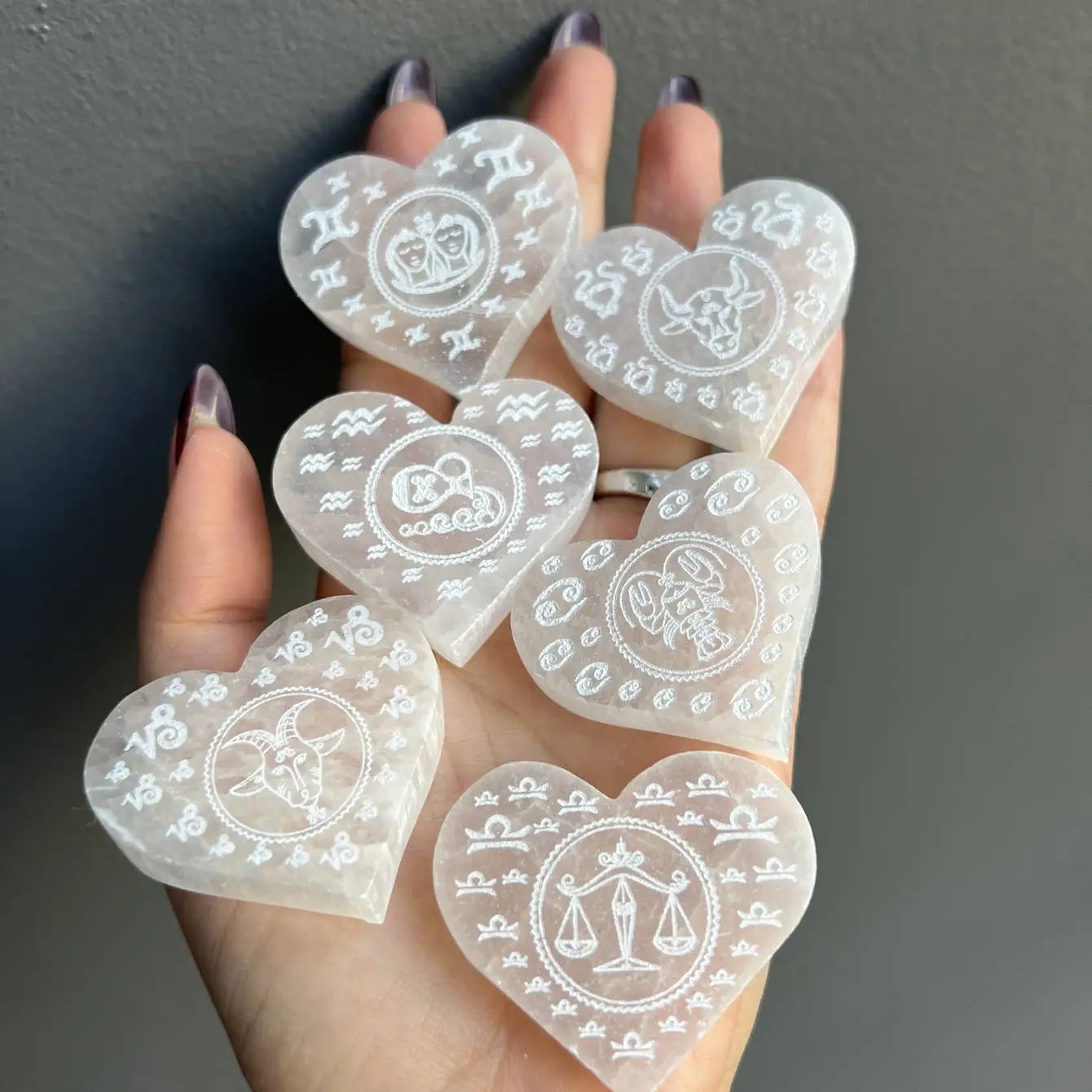 Selenite Etched Zodiac Heart Crystal Carving