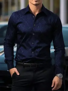 ZYNE Men's Vintage Geometric Print Fitted Collared Long Sleeve Shirt, Casual Fashion Top for Daily Wear & Special Occasions, Perfect Gift Idea