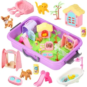 Pet Sensory Bin, Dog and Cat Sandbox for Kids, Kids Play Sand Kit, Pet Care Play Set with Sensory Sand, Role Pretend Play Beach Toy Birthday Gift for Girls Boys 3-6 Years Old