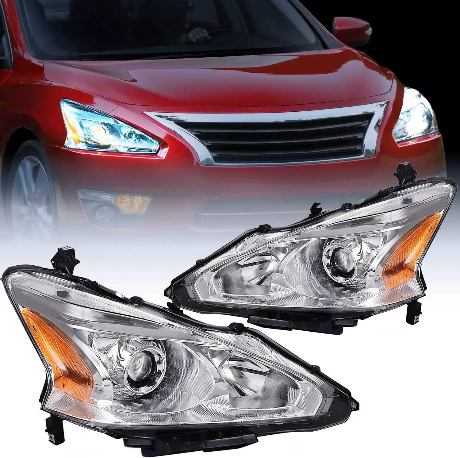Nilight Headlight Assembly for 2013 2014 2015 Altima 4 Door Sedan Advance Base Exclusive SL S SV Sense Replacement Headlamp Clear Projector Chrome Housing Amber Reflector Led Backlit, Led Headlights Bulbs