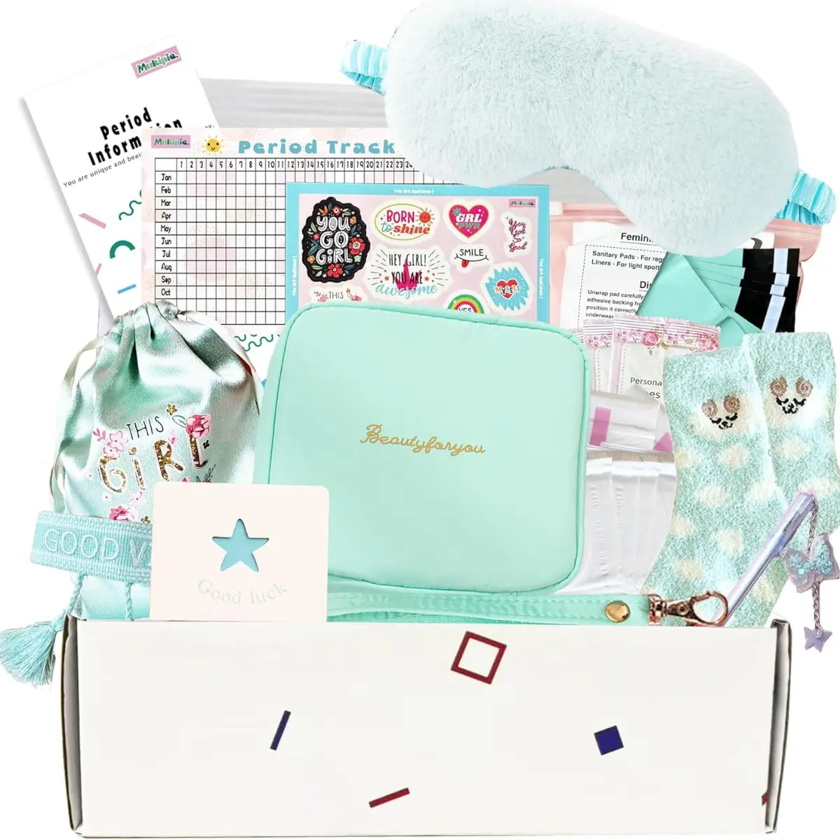 First Period kit for Girls | 23 PC Period Packs for Young Girls First Time | First Period Gift for Teen Girls with Sanitary Pad Storage Bag, Wipes, Bracelet, Eye Mask, Socks and More