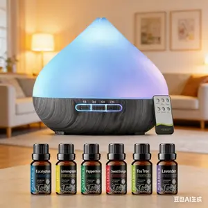 500ml Ultrasonic Aromatherapy Machine with Remote Control Essential Oil Diffuser Air Humidifier Multicolor LED Light Includes 6 Oils mini usb 2-in-1 home colorful flame fireplace Aroma RGB scent desk humidification Set Smart oli difuser casa life shop