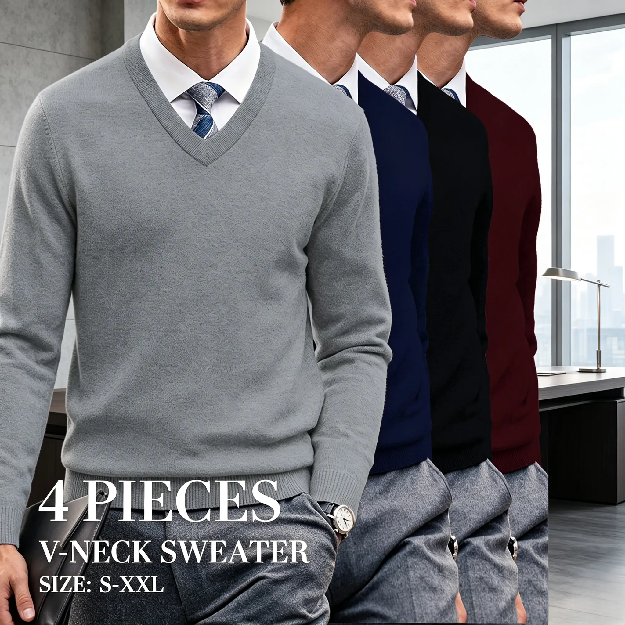 Men's 4 Pack V Neck Knitted Jumper, Long Sleeve Solid Colour Pullover, Office Business Casual Knit Layering Tops S-XXL