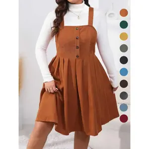 Plus Size Button Decor Pleated Pinafore A-Line Dress, Casual Sleeveless Tank Dresses for Fall & Winter Daily Wear Holiday, Women's Clothes, without Sweater, SpringRAIMENTRY