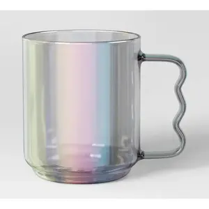 13069 2 Piece Glass Mugs- Clear Iridescent - 3.82”H x 4.49”W - NEW Handle Design