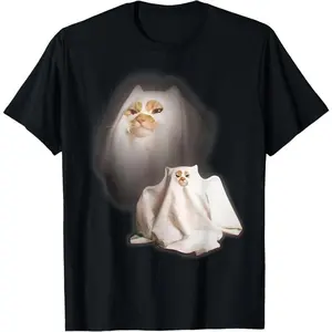 100% Cotton Unisex Ghost Cat Meme Funny Halloween Men Women T-Shirt