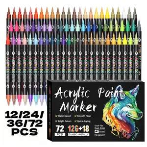 12/24/36/72 Colors Soft Brush Acrylic Paint Markers, Dual tips Dual Color ,Acrylic Paint Pens for Rock Painting, Canvas, Wood, Glass, Ceramic, Fabric, Plastic, Egg & Scrapbook. Soft Brush Tips Paint Pens and Paint Markers, Art Craft Supplies-MM