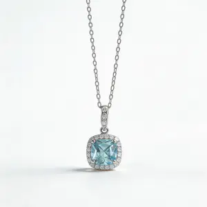 Dainty Hypoallergenic Blue Gemstone Necklace, CZ Halo, Perfect for Daily/Date, a Thoughtful Gift  Sensitive Skin-Safe Aquamarine Necklace, Adjustable Chain, a Surprise Gift for Anniversary/Prom