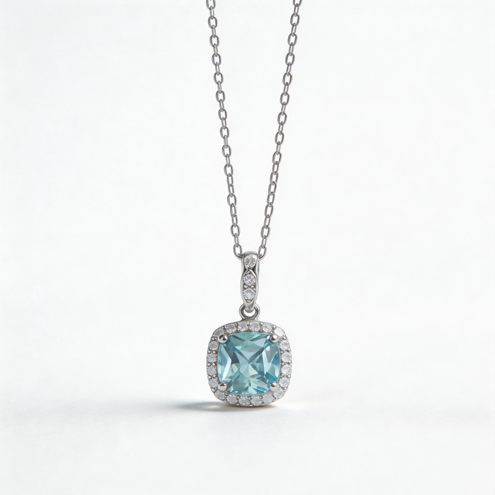 Dainty Hypoallergenic Blue Gemstone Necklace, CZ Halo, Perfect for Daily/Date, a Thoughtful Gift  Sensitive Skin-Safe Aquamarine Necklace, Adjustable Chain, a Surprise Gift for Anniversary/Prom