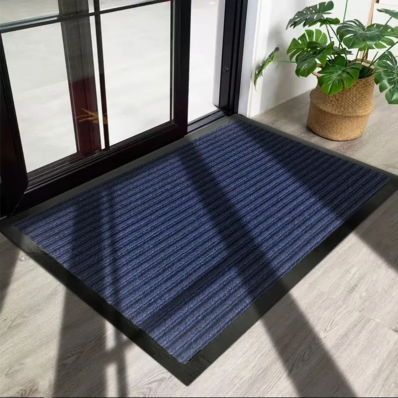 1pc Modern Blue Striped Door Mat, Thick Durable Anti-Slip PVC Backing, Pure Color Stripe Courtyard Door Pad, Outdoor Kitchen Garage Hallway Use,Blue