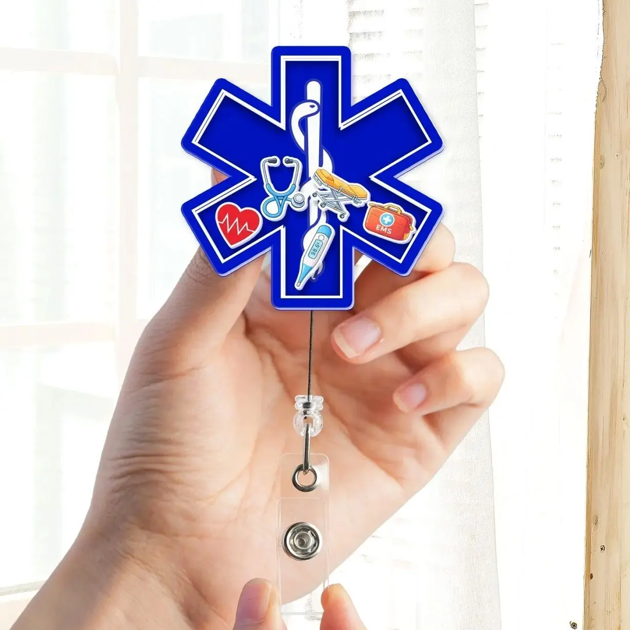 EMS Shaker Badge Reel, Star of Life EMT Paramedic ID Holder, Emergency Medical Shaker Badge Reel AV4