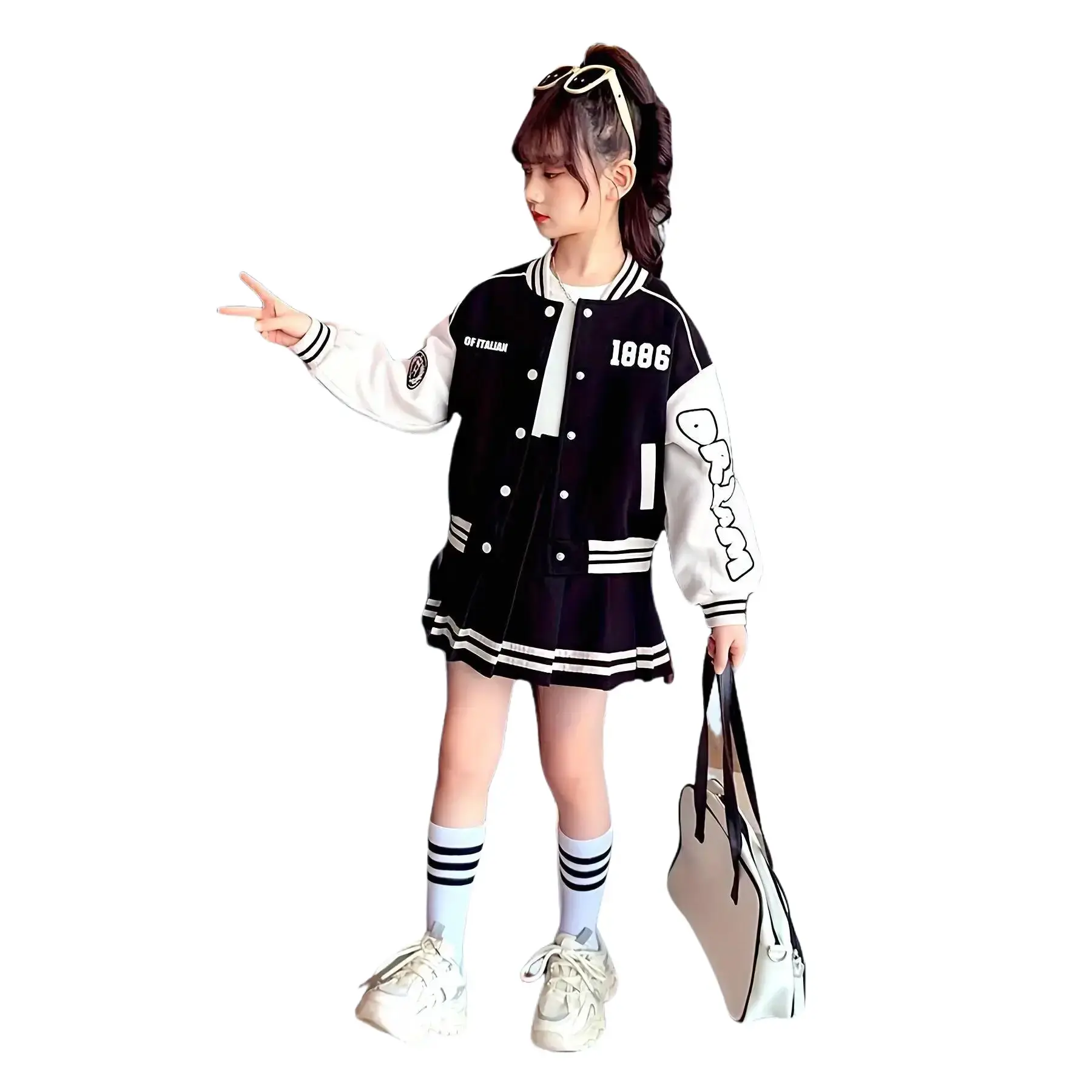 Girls' 2-Piece Korean-Style School Uniform-Inspired Set - Polyester Blend Baseball Jacket-Style Outerwear with Letter Pattern, Long-Sleeved Top, Pleated Skirt, Stylish Children's Outfit DHY
