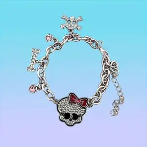 Sweet Cool Style Fashion Bow Rhinestone Skull Head Accessories Necklace Bracelet Set, Unique High-Quality Punk Girl Jewelry, Gothic Jewelry, Fashion Modern Accessories