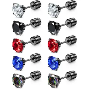 YADOCA 5Pairs Threadless Flat Back Earrings for Men Women Hypoallergenic Surgical Stainless Steel Earrings Studs Rainbow Cubic Zirconia Piercing Sleeper Earrings Set for Cartilage Black Tone