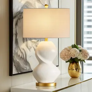 White Ceramic Gourd Glow  28.5” lamp with golden base—so elegant