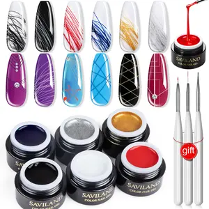 SAVILAND Spider Gel Nail Art Set – 6-Color (White, Black, Red, Blue, Gold, Silver) Wire Drawing Gel Polish with Nail Brushes for Line Design, Painting & Nail Art DIY