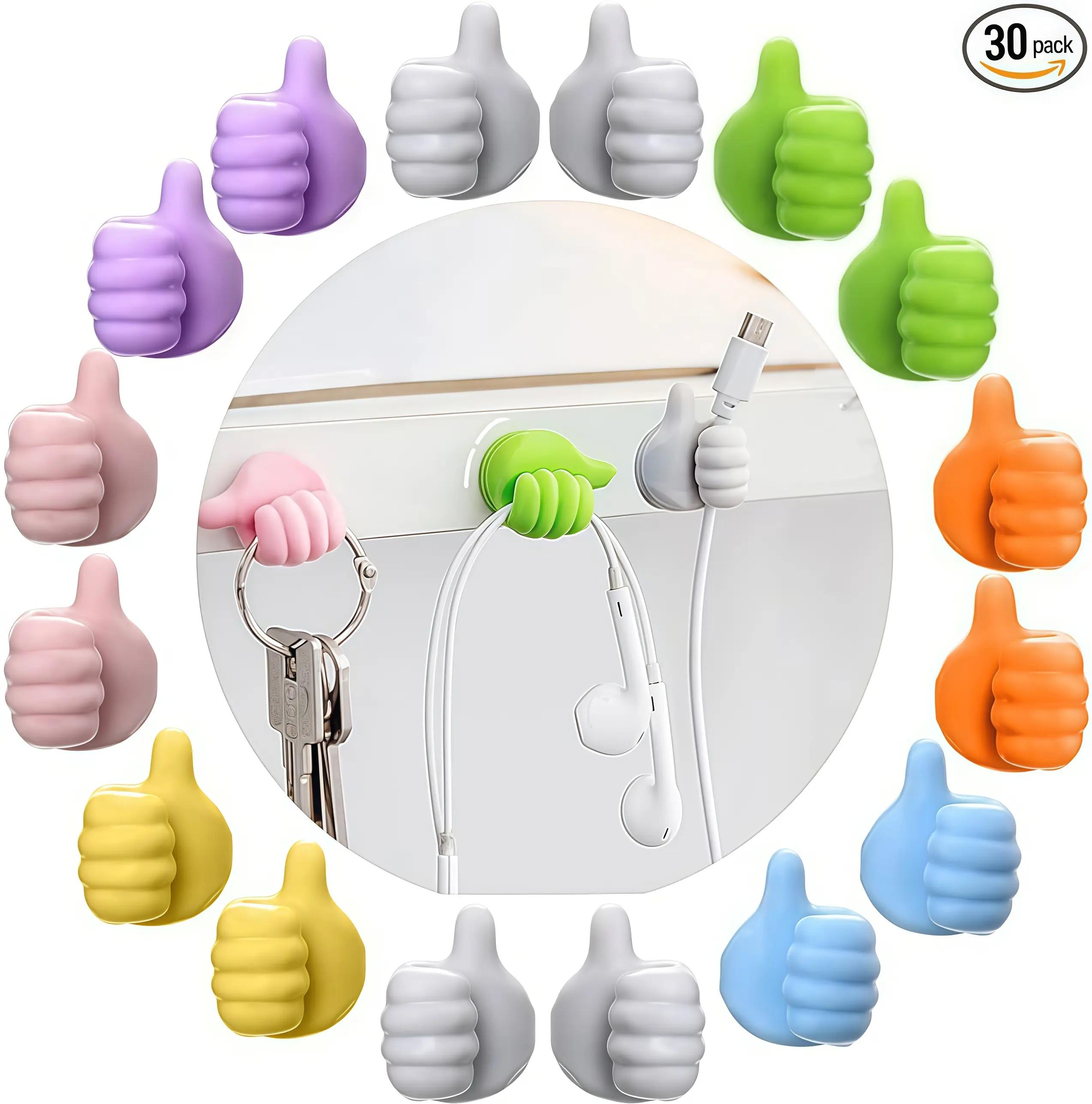 30pcs Macaron Thumb Hook Non Perforated Silicone Cable Hook Desktop Data Cable Key Storage Small Hook, Colored Silicone Thumb Hook, Non Drilled Rubber Cable Clip, Cute Key Rack Wall Hook, Multi purpose Small Hook, Desktop Earphone Cable Clip