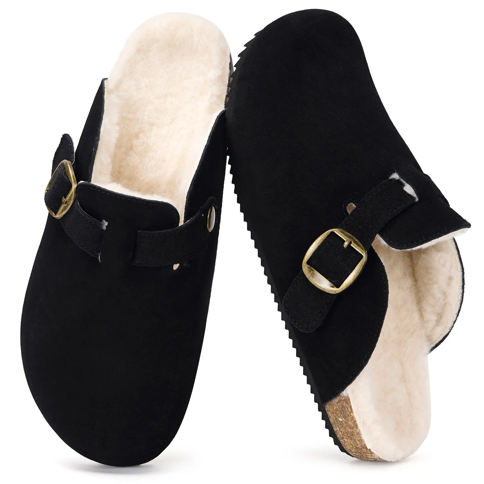 Women's Fur Lined Suede Clogs Mens Fuzzy Leather Mules Cork Footbed Slip On Winter Potato Shoes with Arch Support Beige Footwear Girl