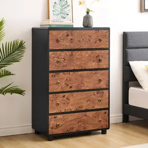 Garvee Wood Dresser with 5 Drawer, 46" Tall Dressers & Chests of Drawers w/Curved Profile Design, Organizer Drawers for Bedroom with Vintage Circle Handle, Living, Hallway, Entryway, Natural Oak
