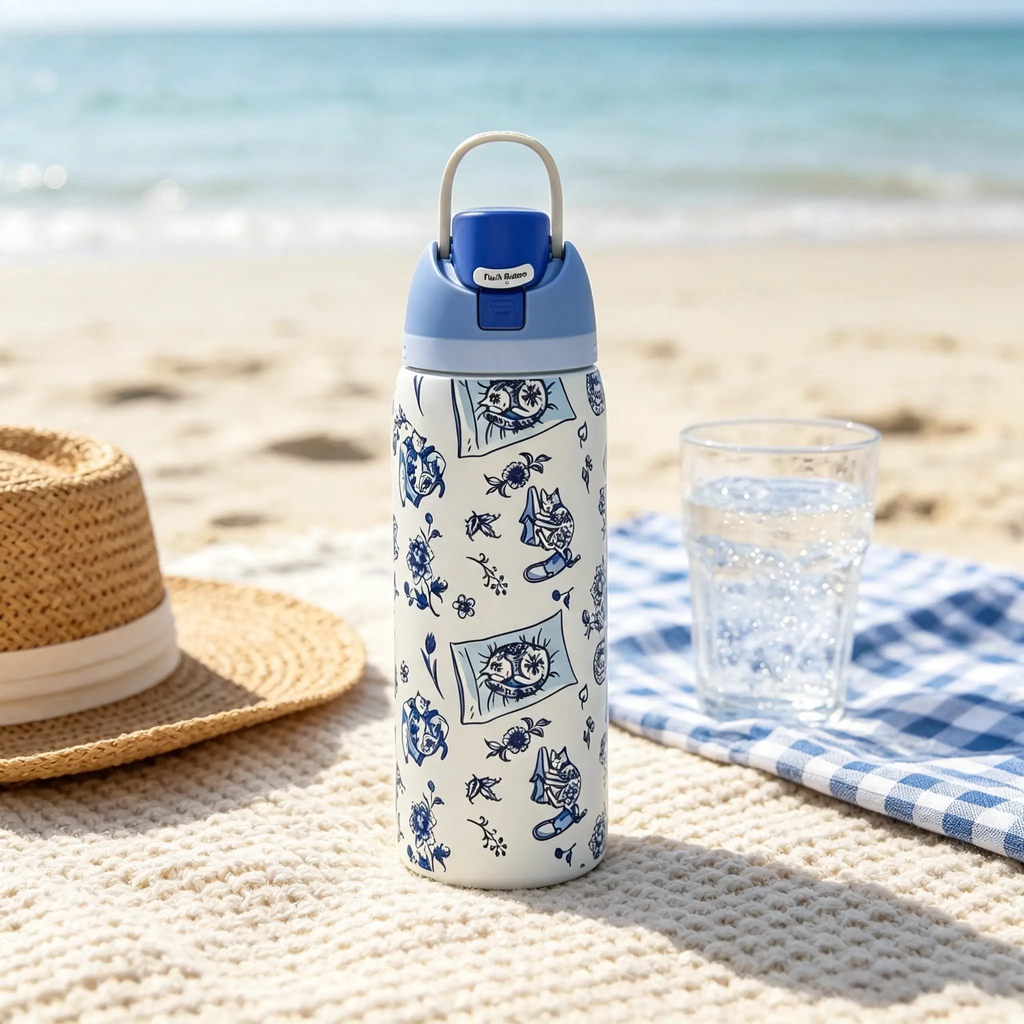 Owala 32oz Blue White Porcelain Cat Pattern Stainless Steel Insulated Water Bottle, Leak Proof Flip Straw Travel Tumbler, 24 Hours Cold Retention Portable Sports Water Cup