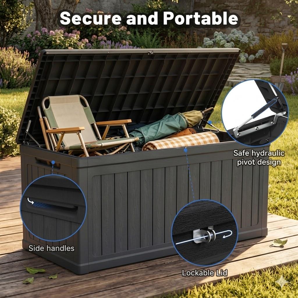 260 Gallon Outdoor Storage Deck Box with Seating Heavy Duty Waterproof Resin Bench for Patio Garden Backyard Poolside Organization Lockable Lid Easy Lift Wood Look Black Storage