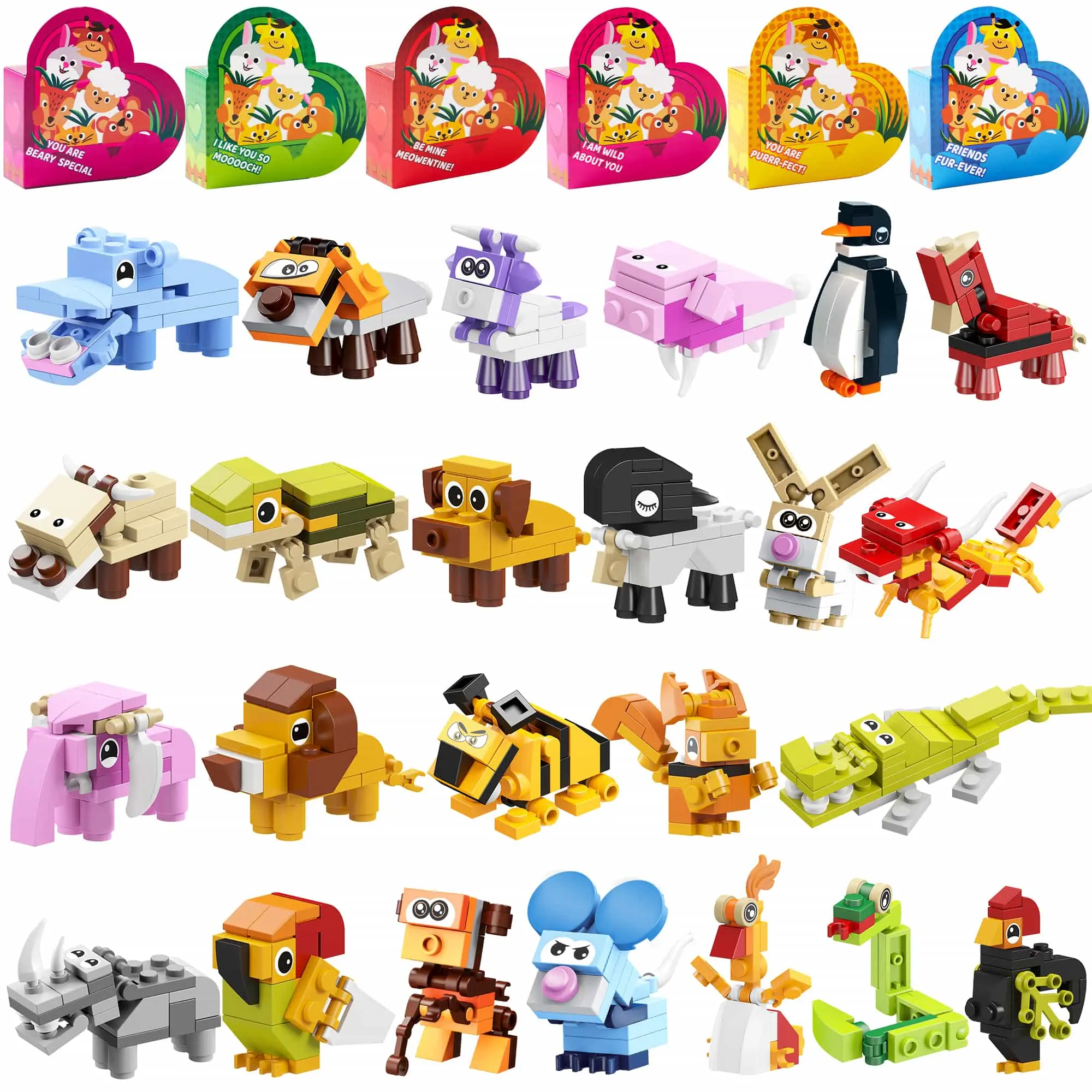 24Pcs & 26Pcs&28pcs Animal Building Blocks Valentines Cards for Kids 2025 Valentine's Day Gifts Heart-Shaped Boxes with Love Notes Creativity Imagination Playtime & Wind-up toy&sea animals