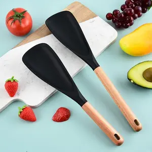 Wood Handle Silicone Cooking Spoon, Nonstick Cooking Spoon, Non-Stick Kitchen Tool, Multi-Functional Spatula for Stirring, Scooping, Scraping, Salad Turner