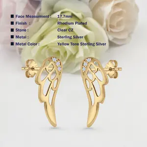 17.7mm Angel Wings Stud Earrings Push Back CZ 925 Sterling Silver Women Round Earring