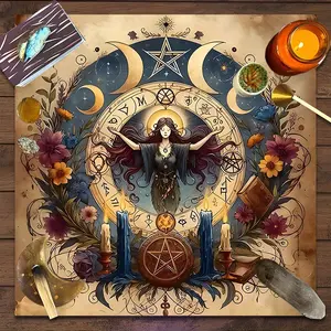 Mystical Witch Moon Phase Pentagram Ritual Design Square Tarot Tablecloth, Retro-style Home Decor Altar Cloth Multiple Sizes Polyester Fabric, Easy to Clean and Maintain Decorative Divination Cloth for Spreads & Rituals Gift for family and friends