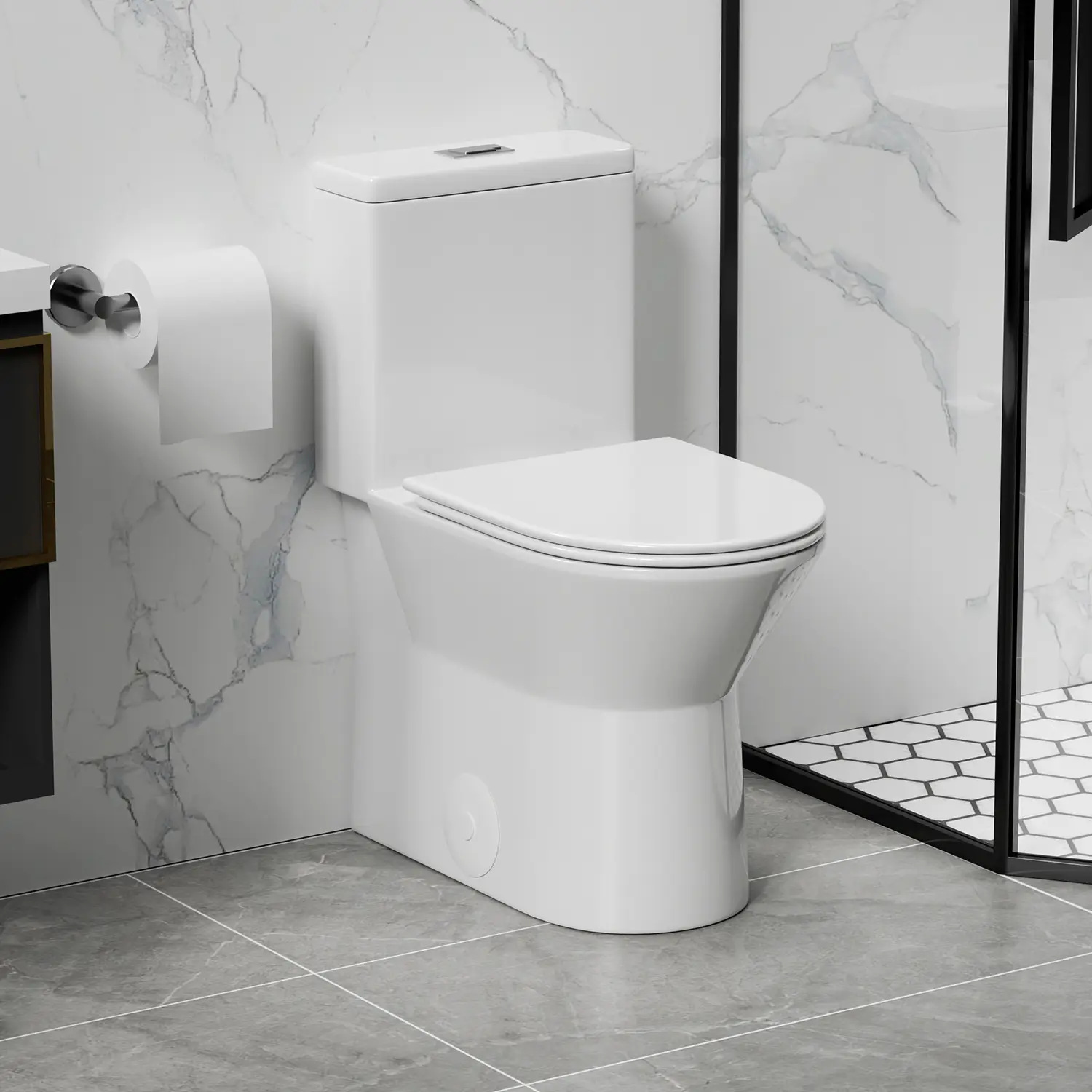 One-Piece Toilet with Soft Close Seat, 17" ADA Height, Dual Flush 1.1/1.6 GPF, Rimless Bowl, Siphonic S-Trap 12" Rough-In, Glossy White Ceramic, WaterSense Certified