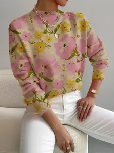 Women's Knitted Sweater with Aesthetic Colorblock Design & Floral Print, Casual Elegant Daily Wear, Knitwear Womenswear, Perfect for Spring Fall Winter Seasons